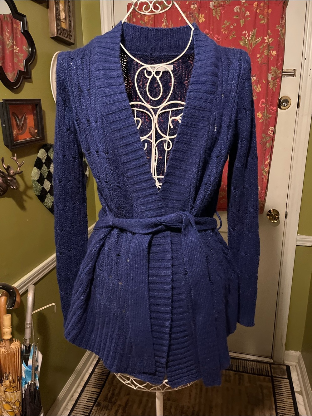Old Navy Vintage Navy Blue Belted Women’s Wool Blend Sweater Cardigan S